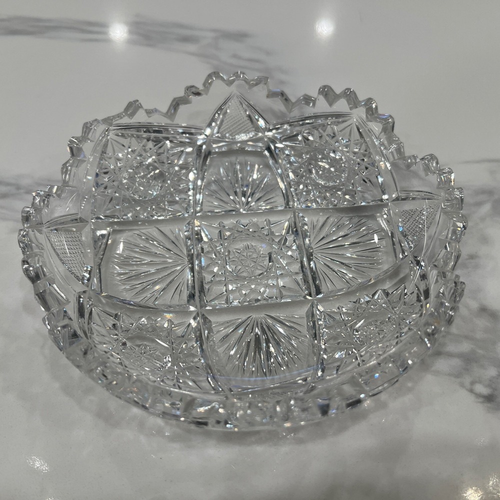 Vtg American Brilliant Period Cut Glass Lead Crystal Sawtooth Rim 6" Bowl Dish